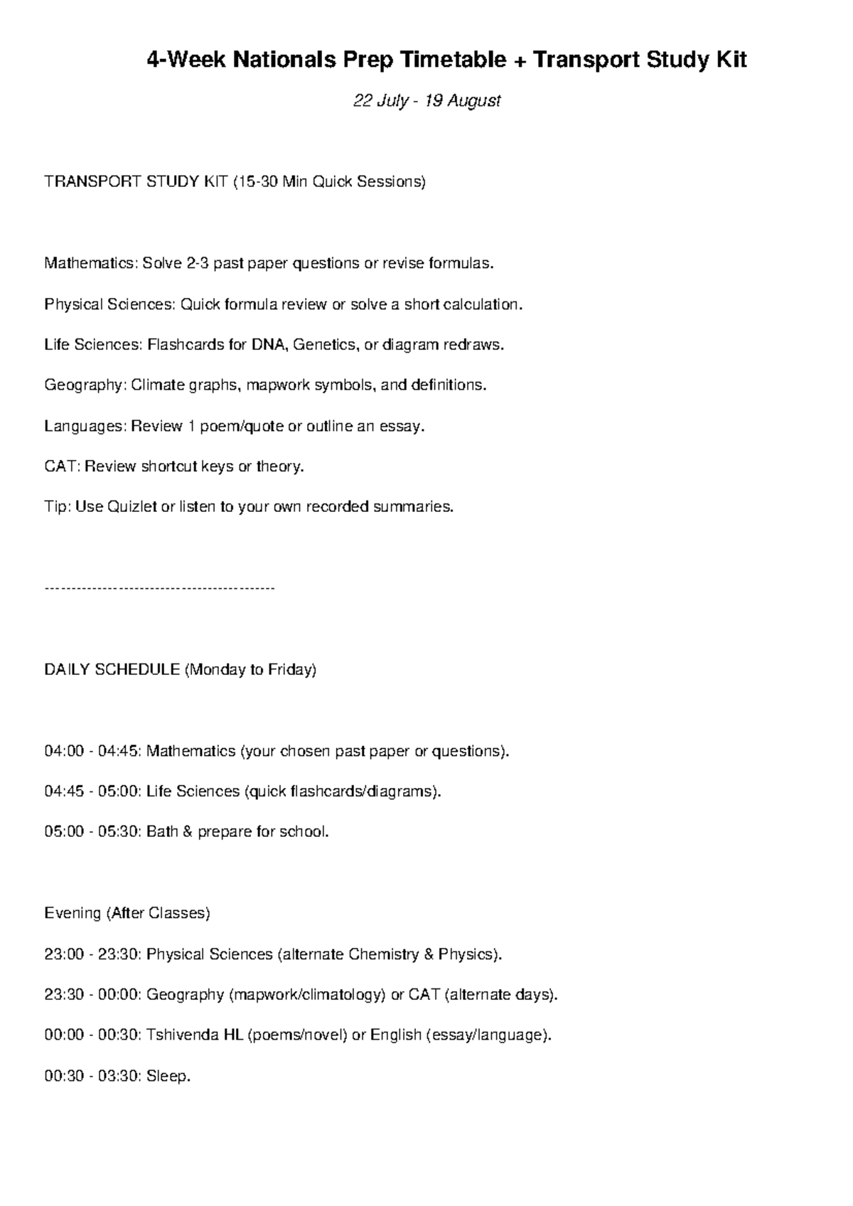 Nationals Prep Timetable: Transport Study Kit (22 July - 19 Aug) - Studocu