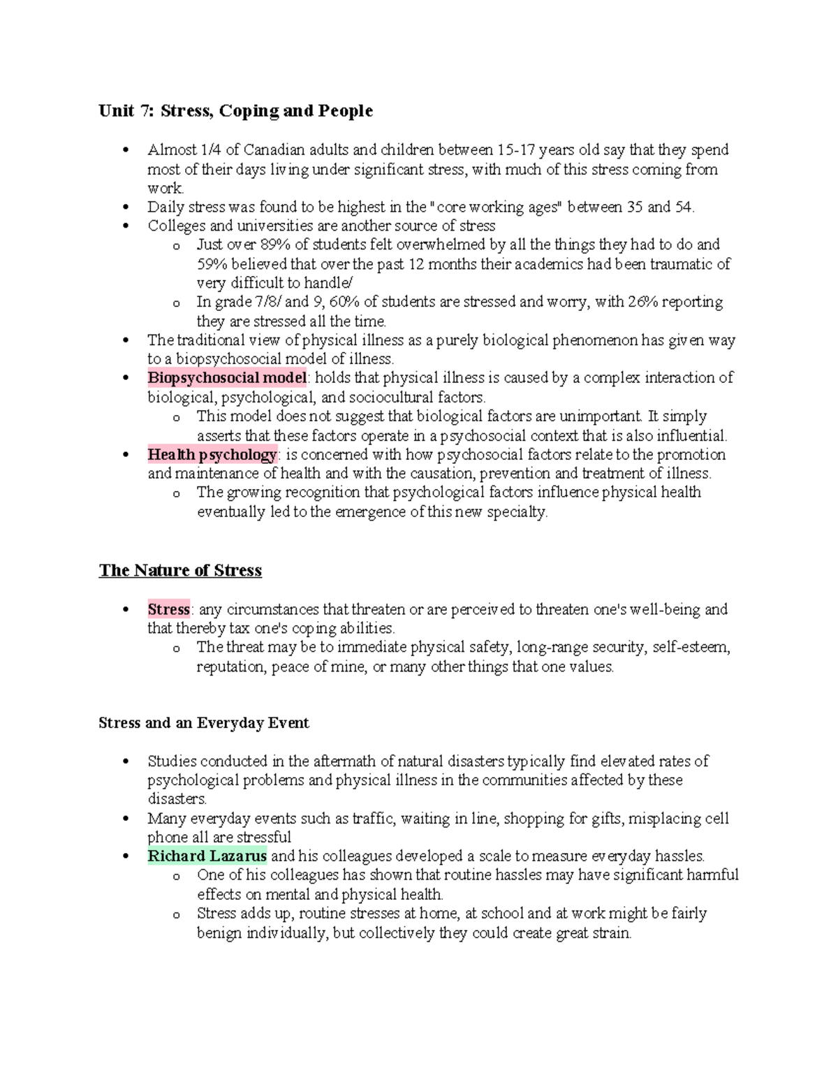Unit7psych - psych290 unit7 notes - Unit 7: Stress, Coping and People ...