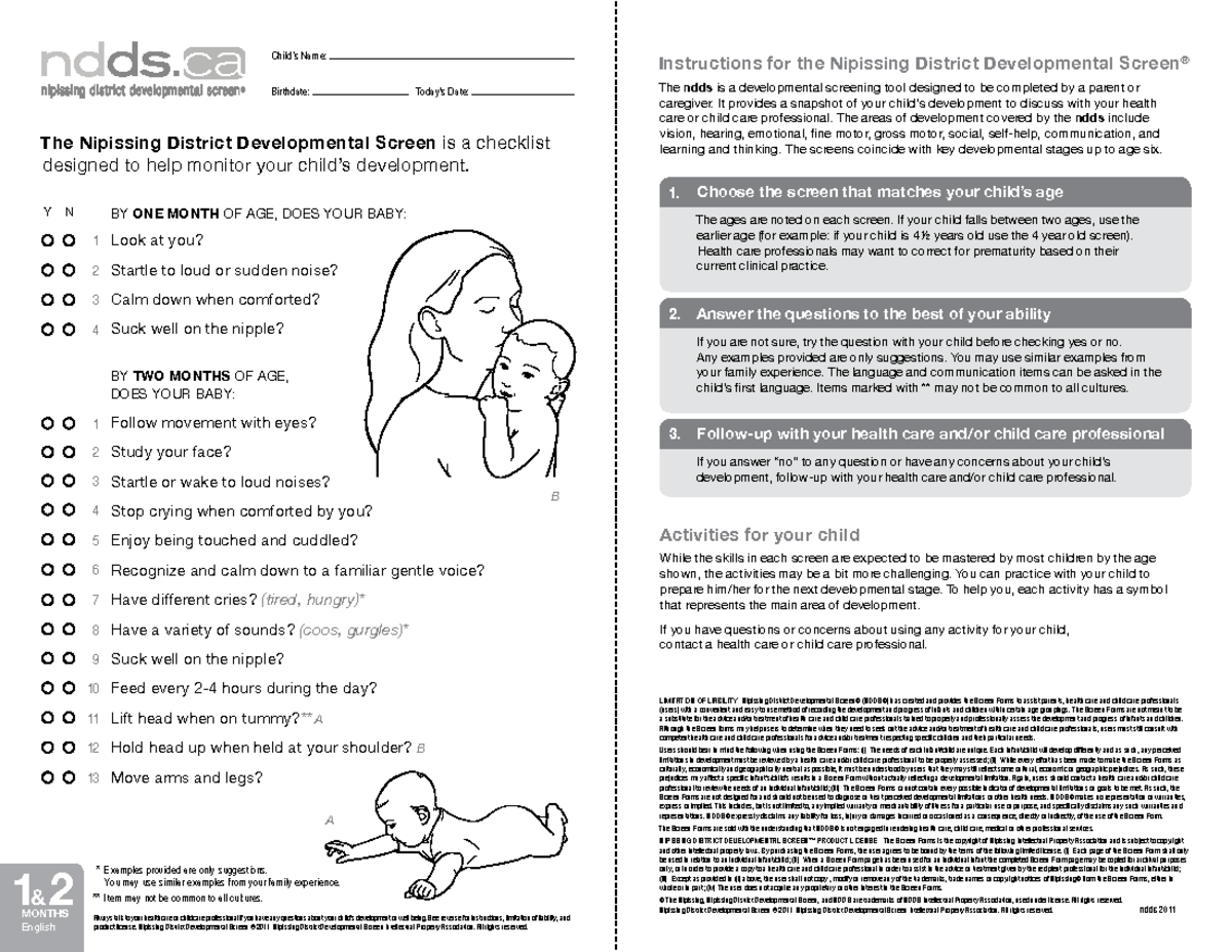 NDDS Developmental Screen for Infants (1-2 Months) Guide - Studocu