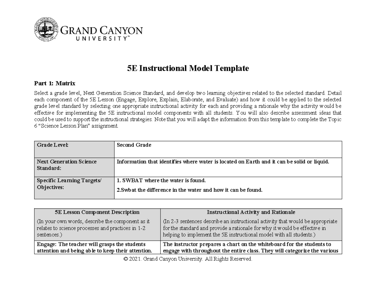 ELM 361 RS 5E Instructional Model Template: Second Grade Science Lesson ...