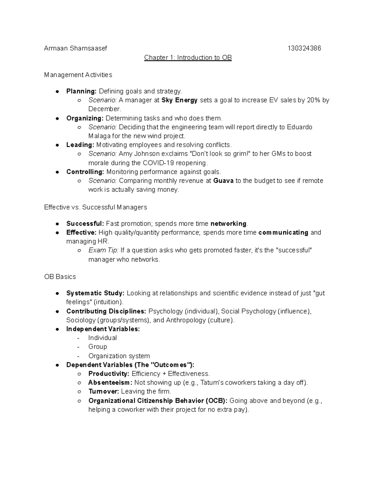 Chapter 1: Introduction to OB - Management Activities - Studocu