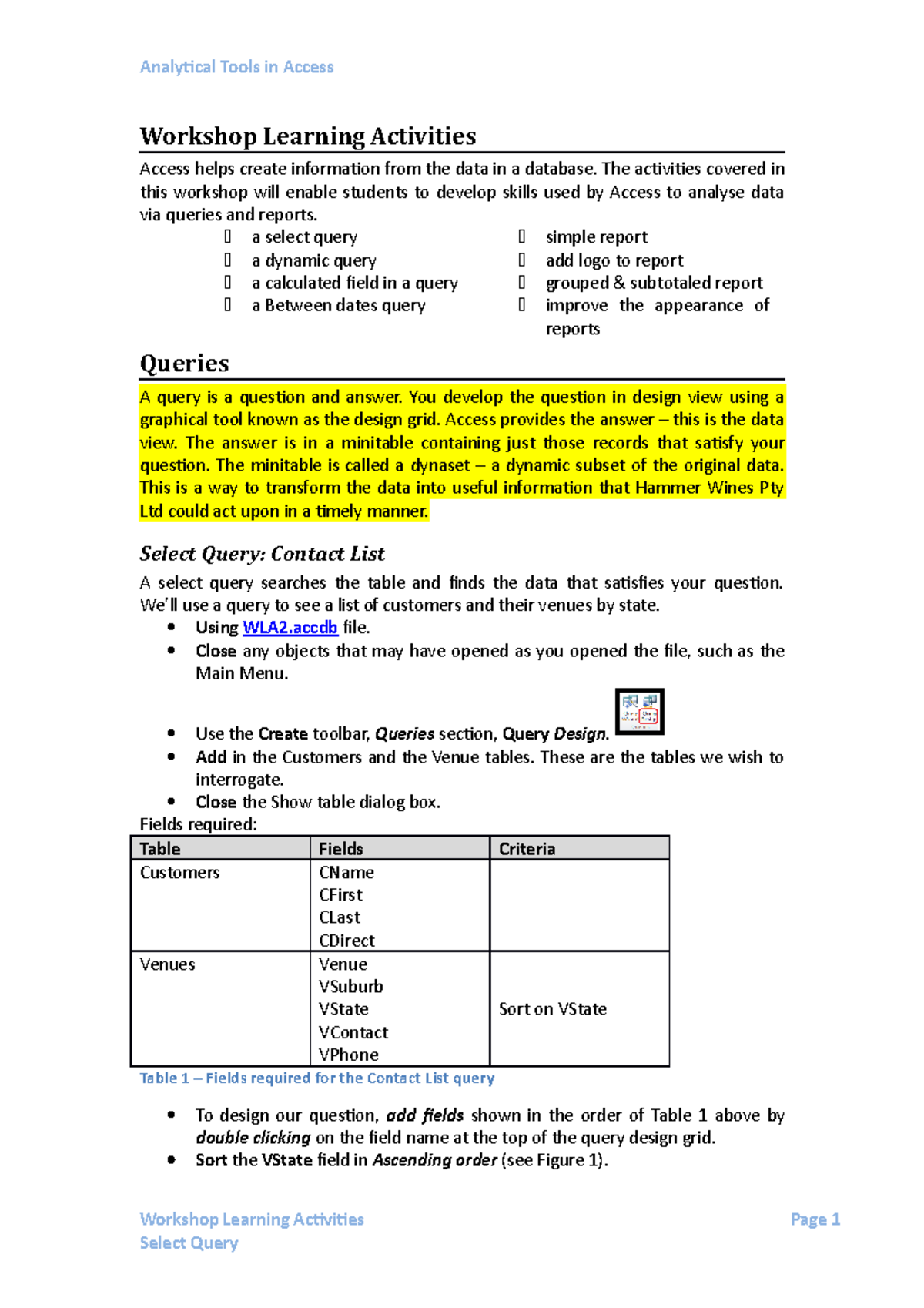 Analytical Tools in Access - WLA2 - Workshop Learning Activities Access ...