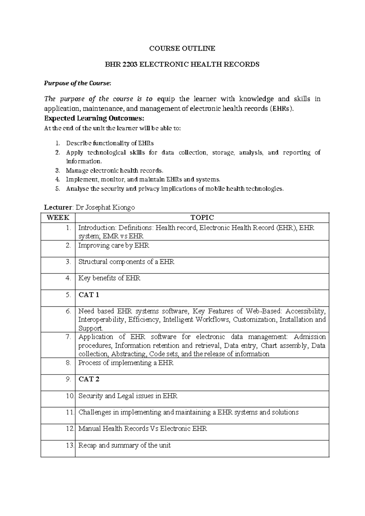 BHR 2203 Course Outline: Electronic Health Records Overview - Studocu