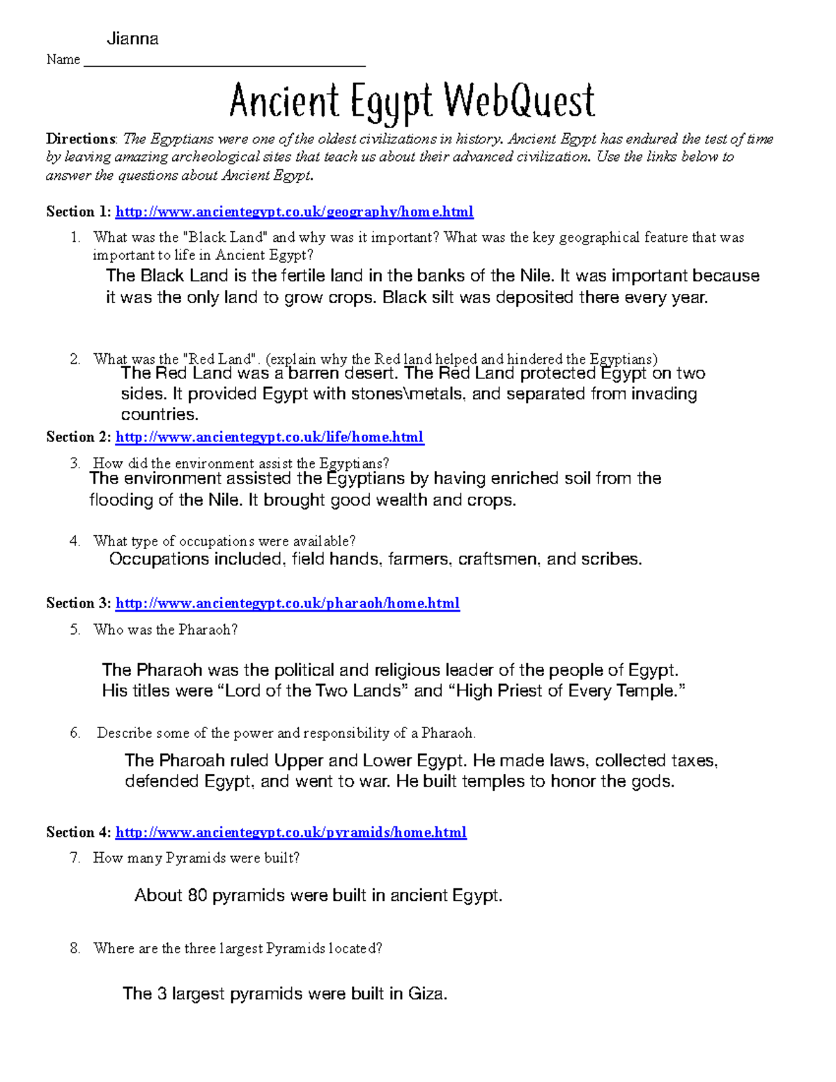 Ancient Egypt Webquest - Name ...