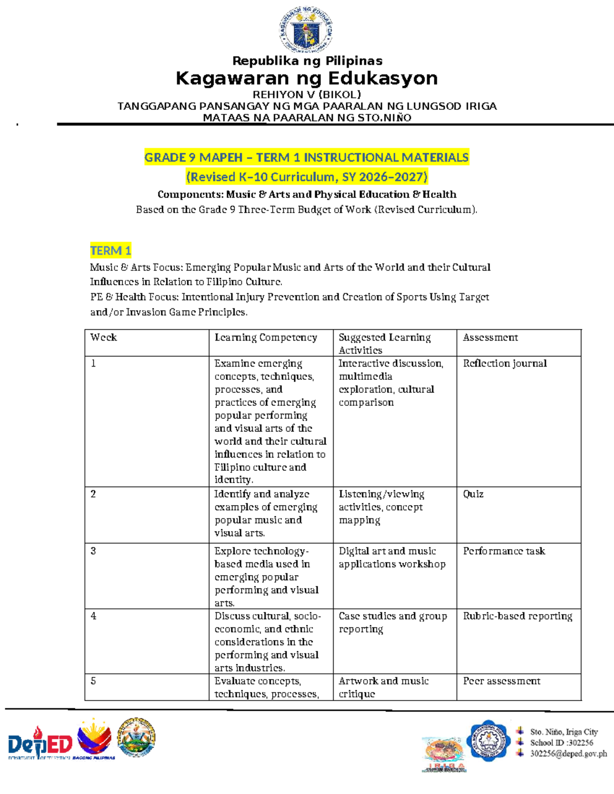 Grade 9 MAPEH Term 1 Instructional Materials: Music, Arts & PE - Document Preview