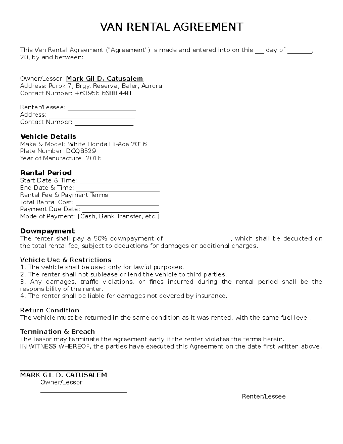 VAN RENTAL AGREEMENT - Terms and Conditions for Vehicle Use - Studocu