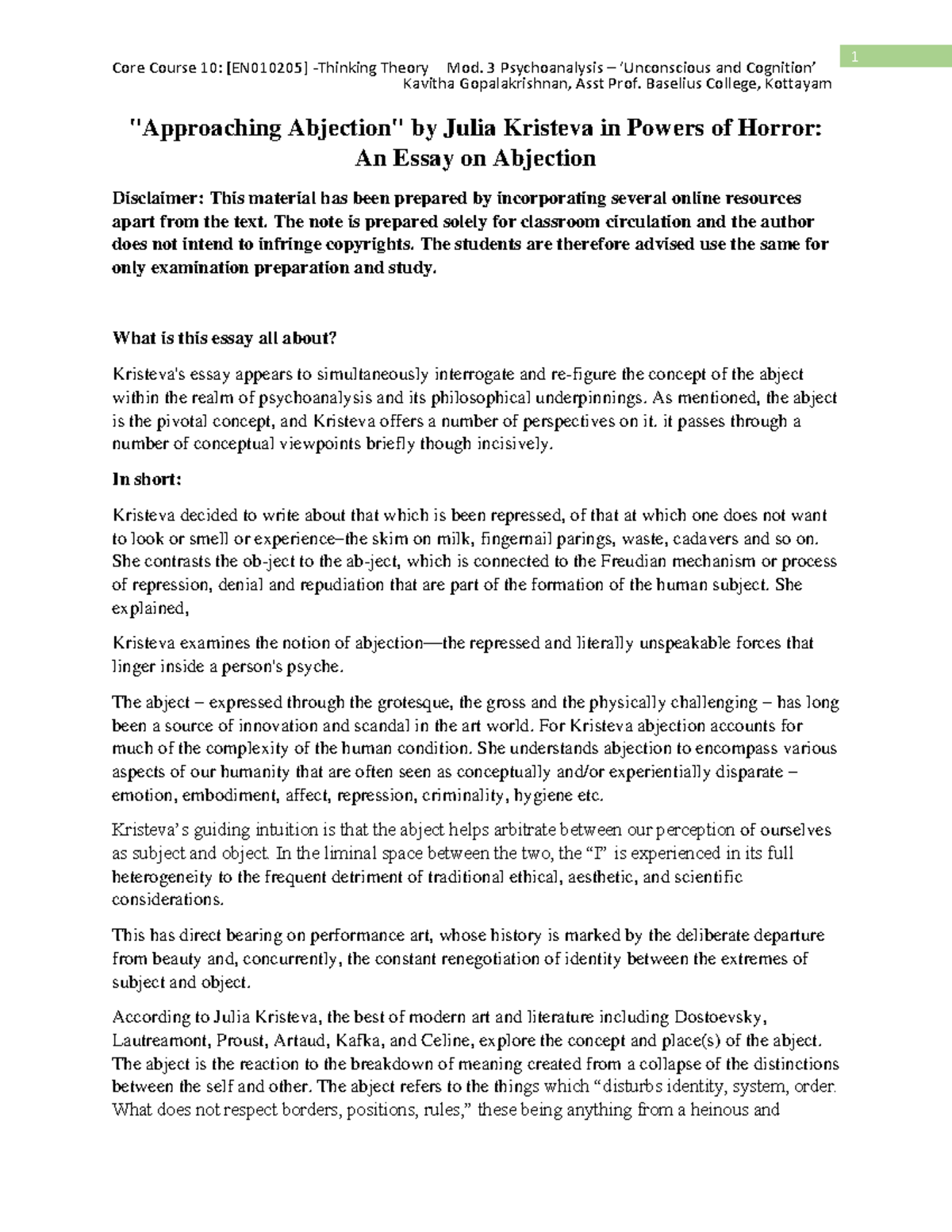 Core Course 10: Theory Mod. 3 Psychoanalysis - Kristeva's Abjection ...
