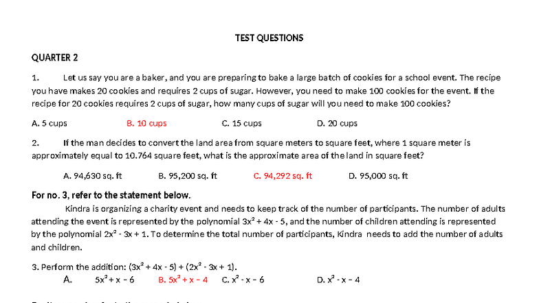 NAT 10-1 Quarter 2 & 3 Test Questions on Math Concepts and Polynomials ...