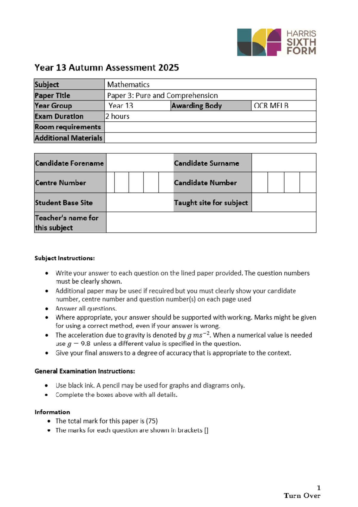 Year 13 Autumn 25 Assessment Paper 3: Pure Math & Comprehension Exam ...