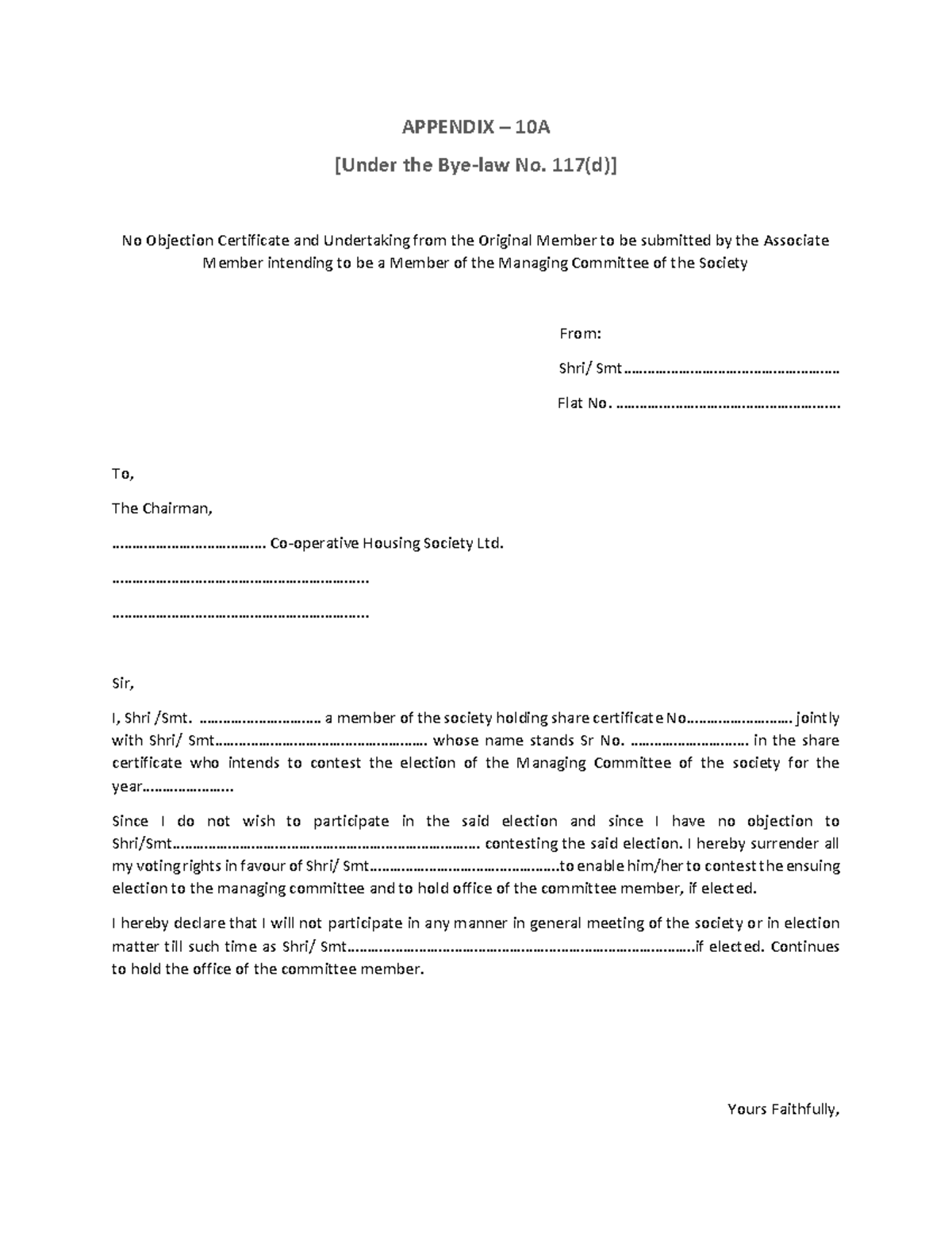 No Objection Certificate for Associate Member Election – Appendix 10A ...