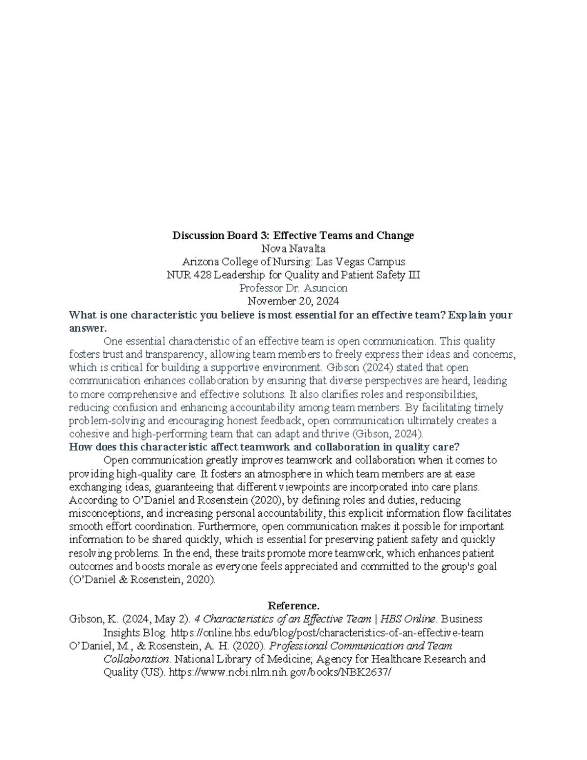 NUR 428 Discussion Board 3: Keys to Effective Teams & Change - Studocu