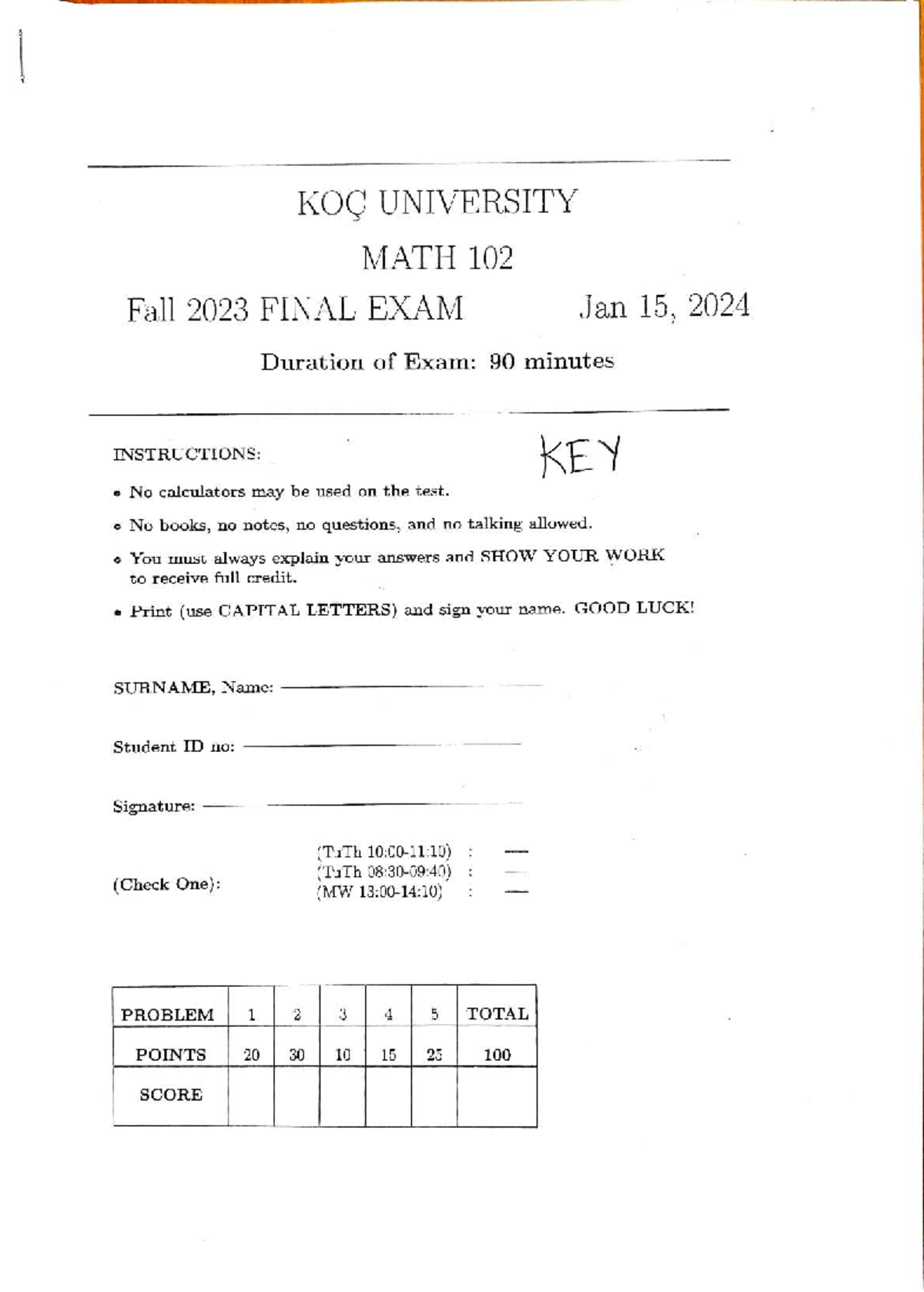 KOÇ UNIVERSITY MATH 102 Fall 2023 FINAL EXAM Guide - Studocu
