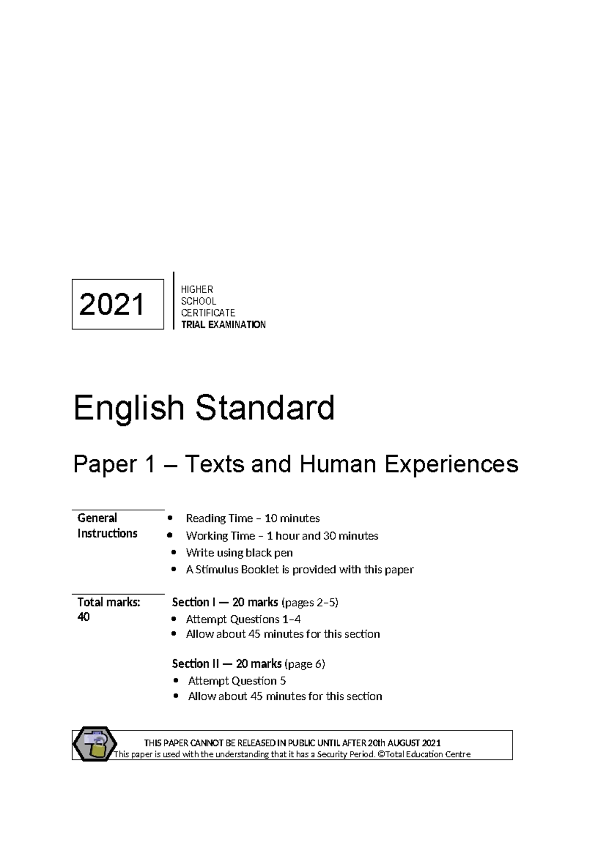 2021English Stdhsctrial Paper 1 - English Standard Paper 1 – Texts and ...