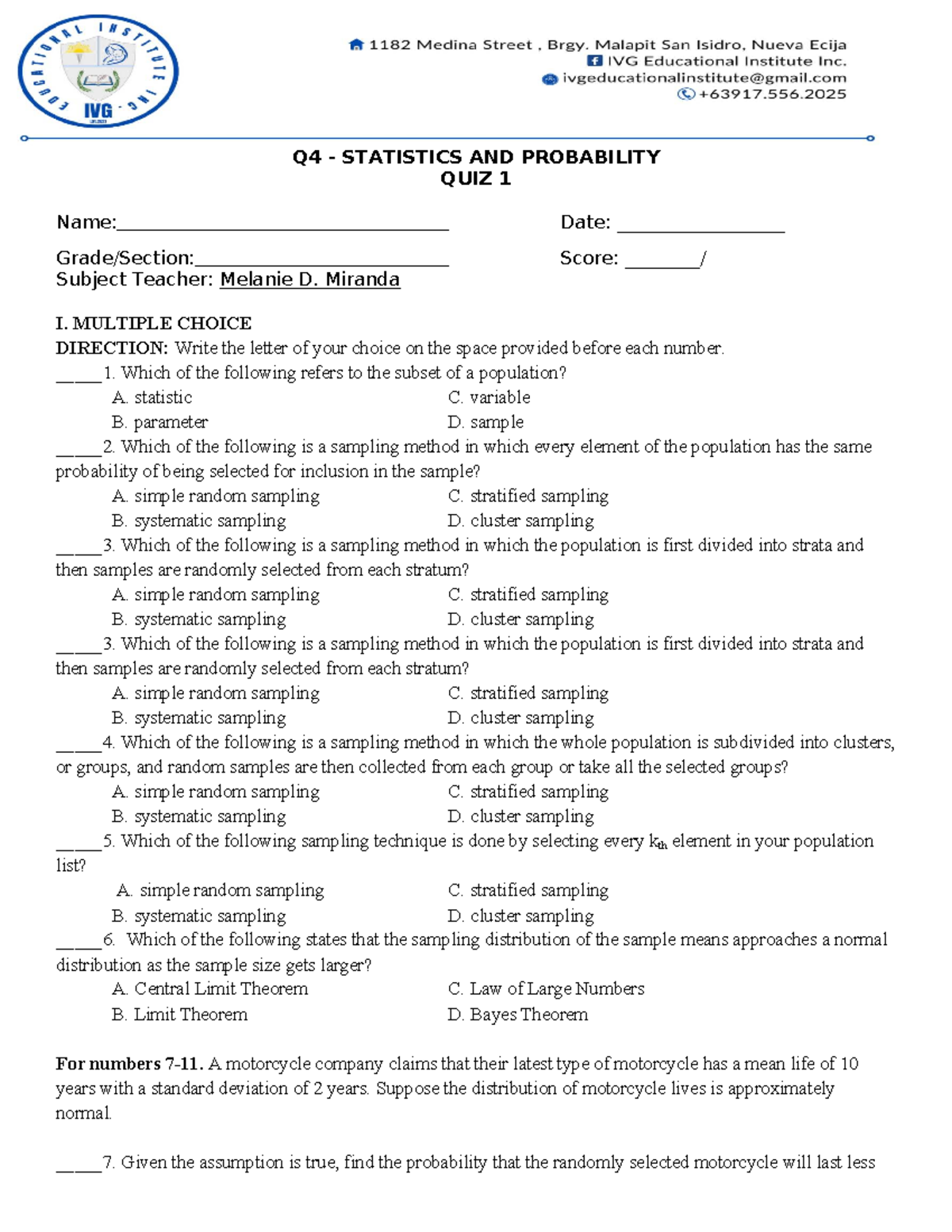 Q4 STATISTICS AND PROBABILITY QUIZ 1 - Sample Questions and Solutions ...