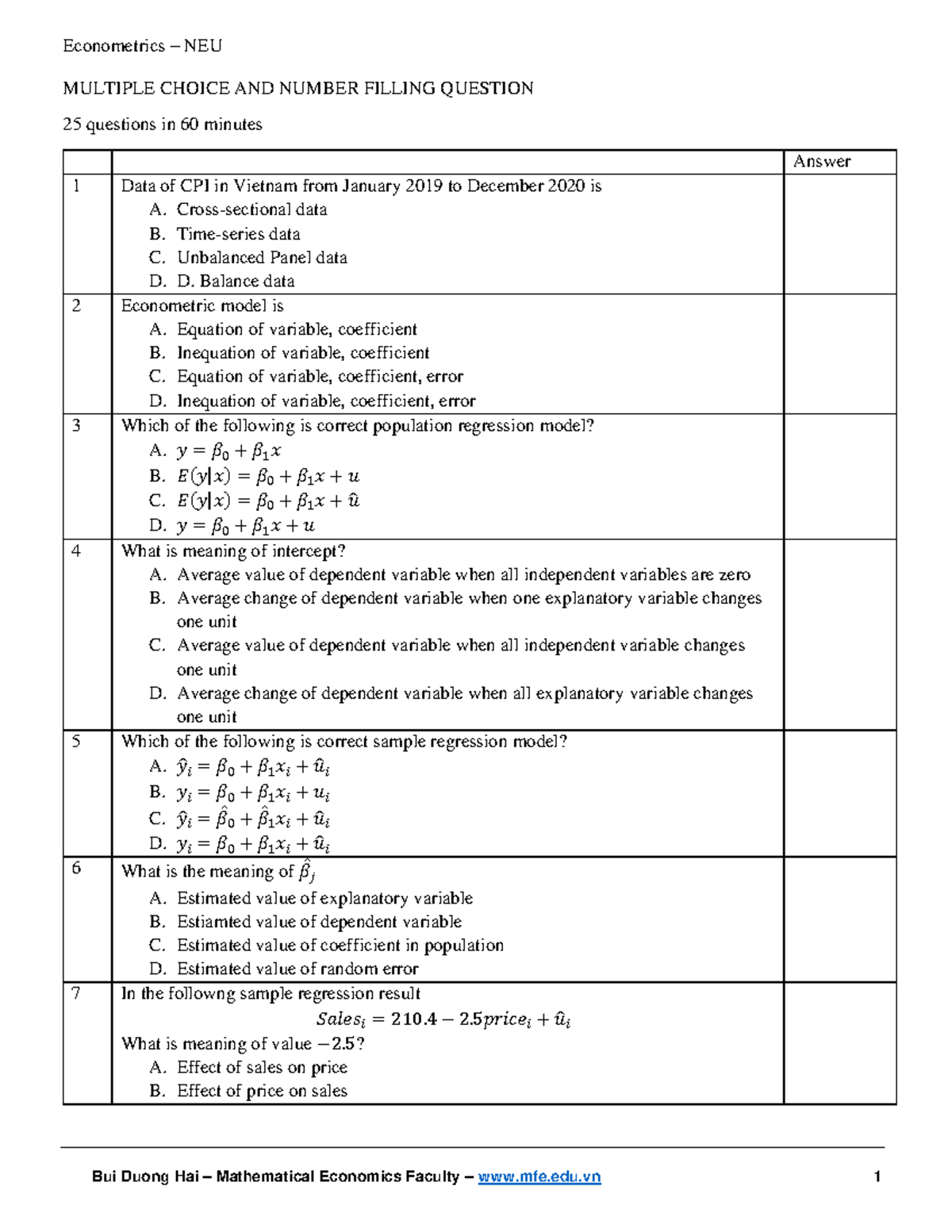 Econometrics Quiz - Sample Questions for NEU Course - Studocu