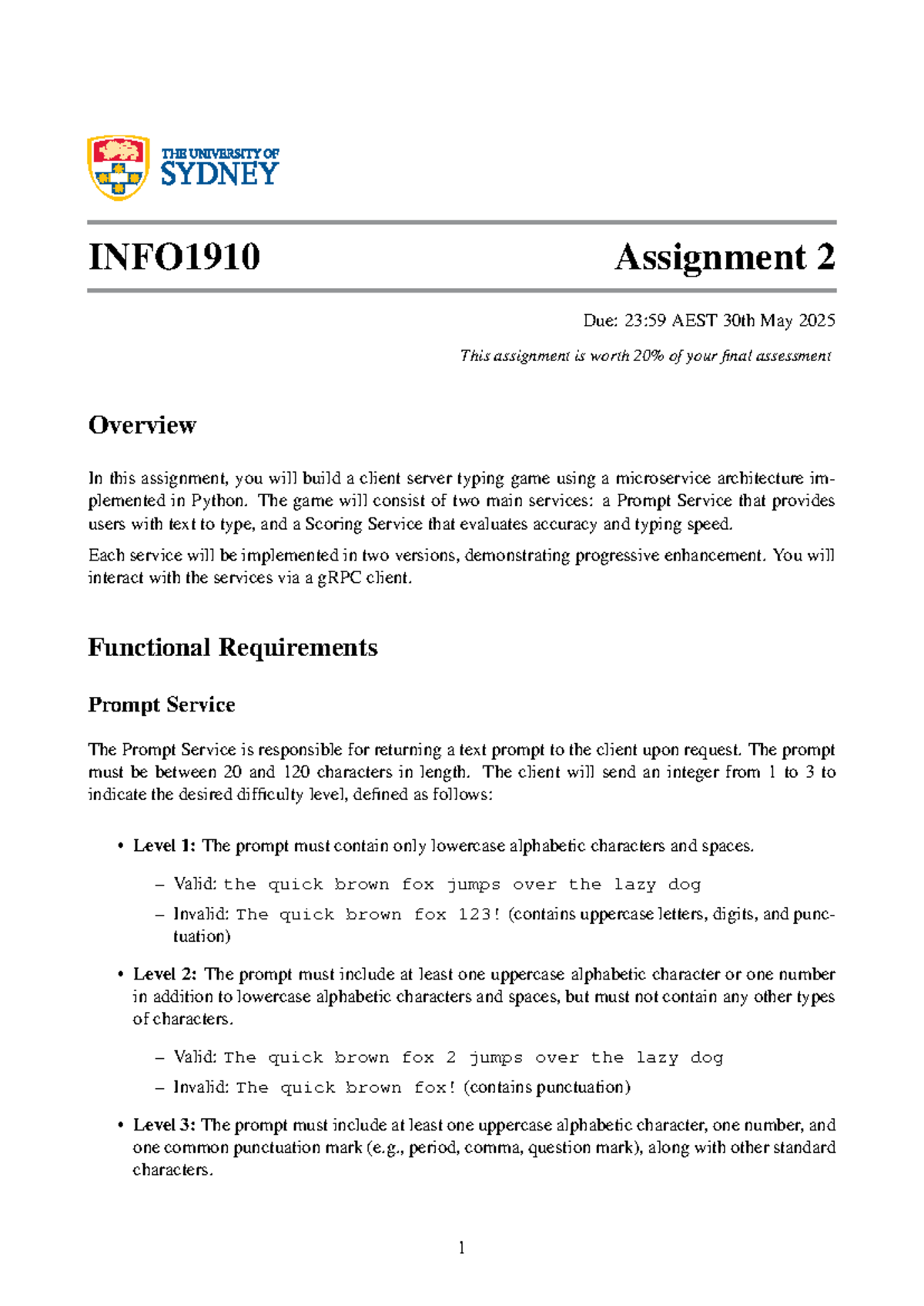 INFO1910 Assignment 2: Client-Server Typing Game Development - Studocu