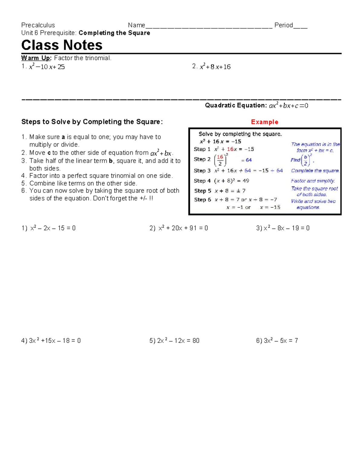 Precalculus 01-27 Class Notes: Completing the Square Review Guide - Studocu