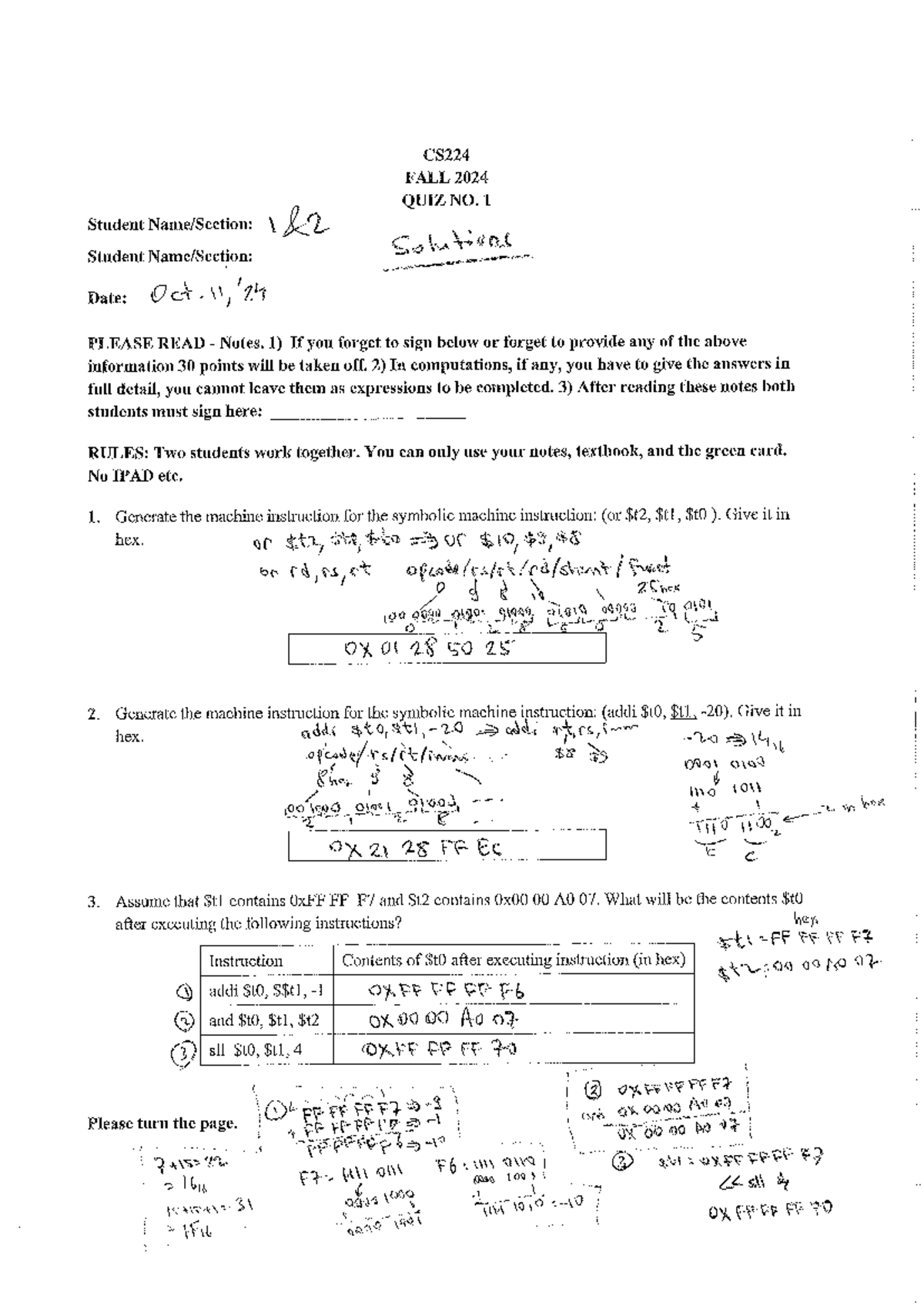 CS224 Fall 2024 Quiz No. 1 Solutions and Student Instructions - Studocu