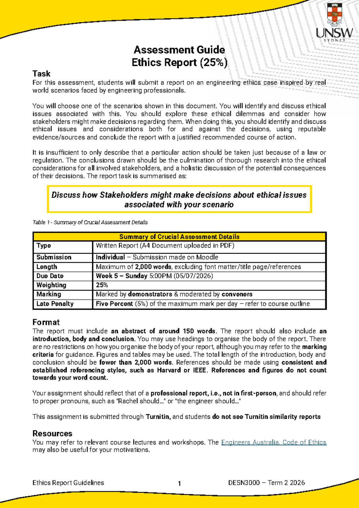 DESN3000 T2 2026 - Ethics Report Assessment Guide - Studocu