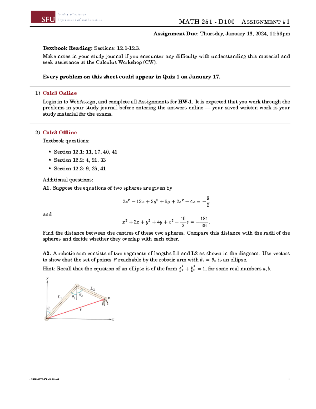 251a1 - Assignment 1 questions - MATH 251 - D100 ASSIGNMENT Assignment ...