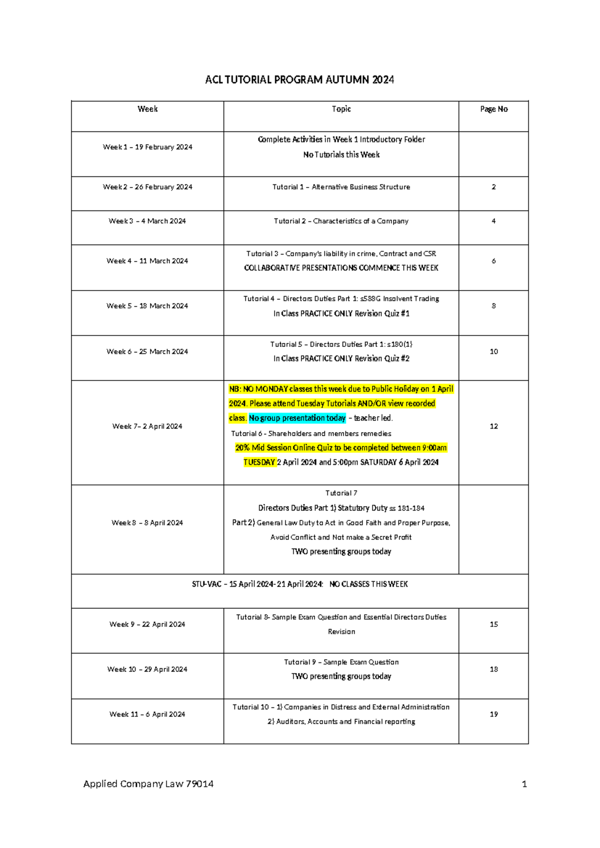 ACL Autumn 2024 Tutorial Schedule and Topics Overview - Studocu