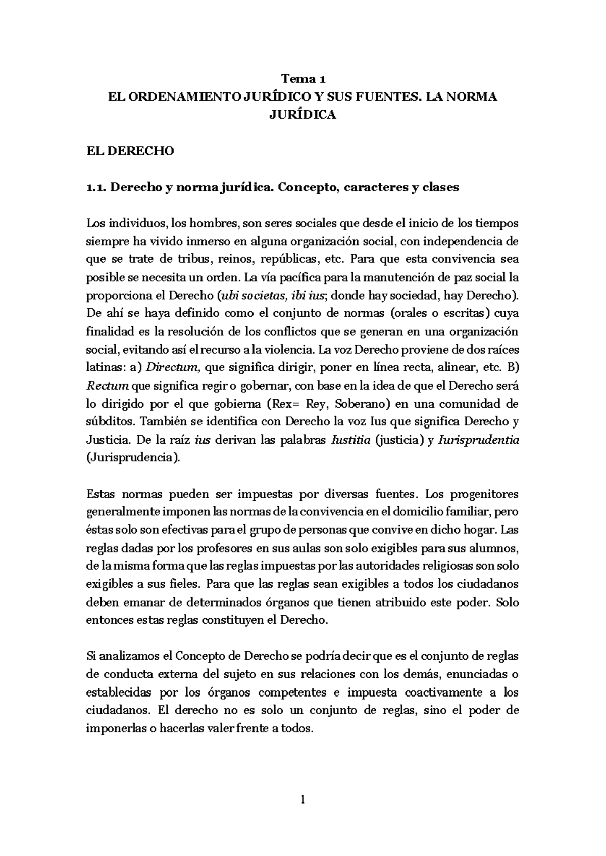 Tema 1: El Ordenamiento Jurídico y sus Fuentes - Derecho 1.1 - Studocu