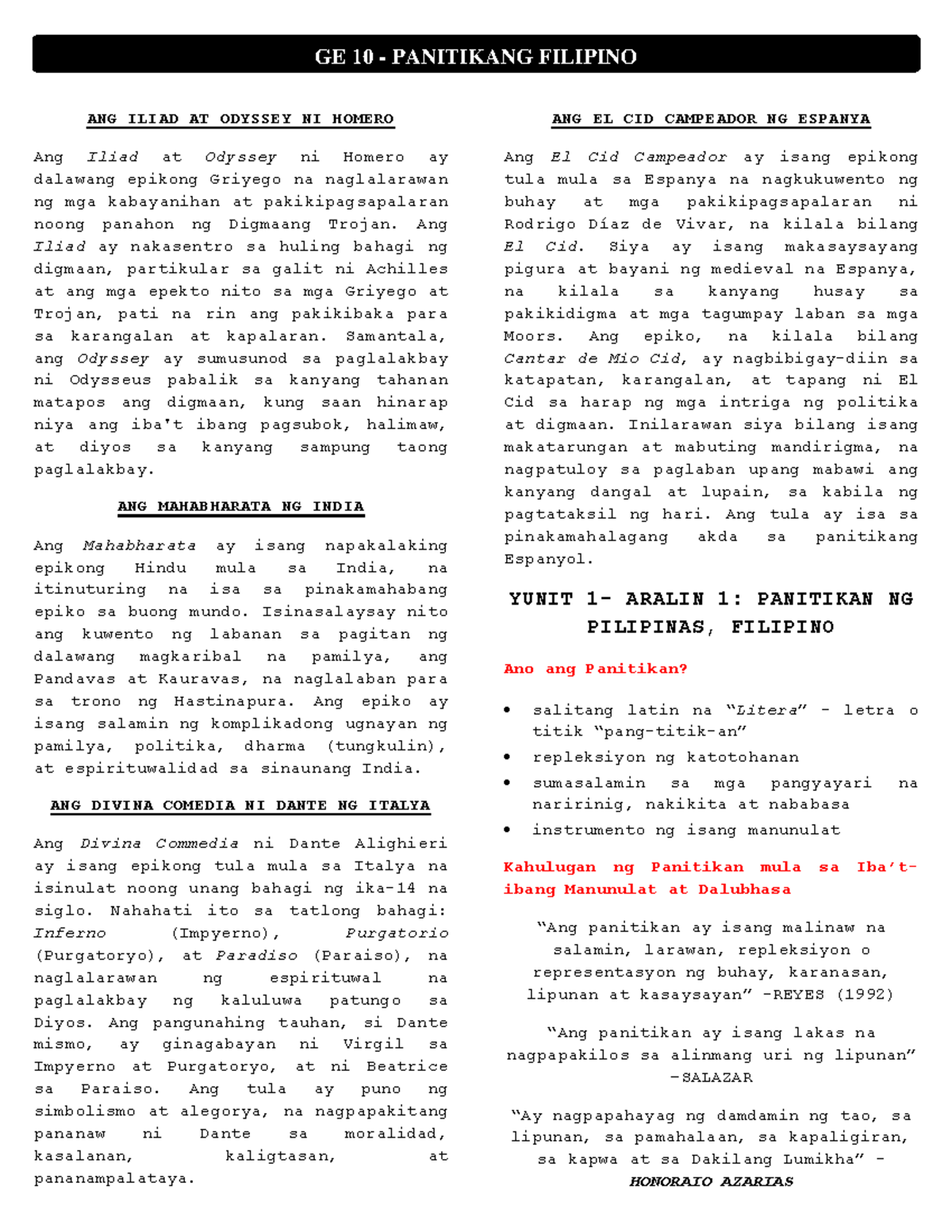 GE10 Panitikang Filipino Yunit 1 Aralin 1: Mga Klasikong Epiko at Panitikan - Document Preview