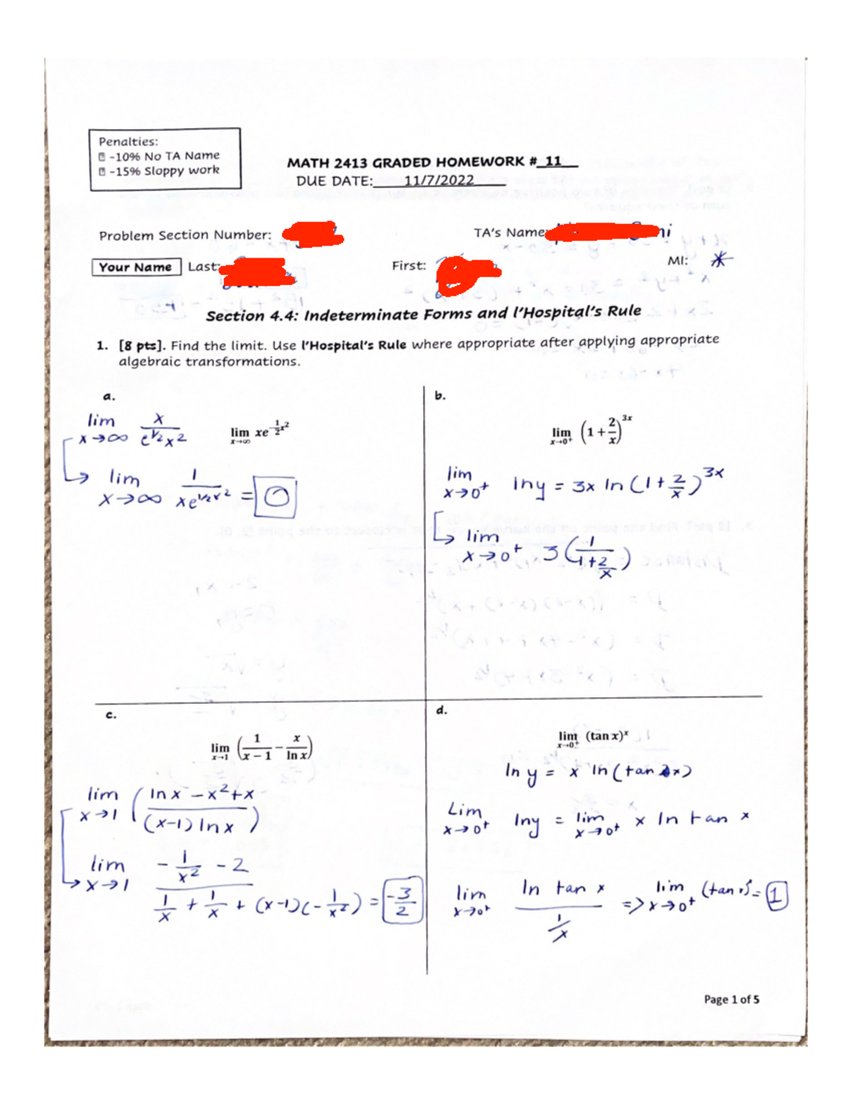 GHW 11 - Weekly Graded Homework 11 - Penalties: No TA Name MATH 2413 ...