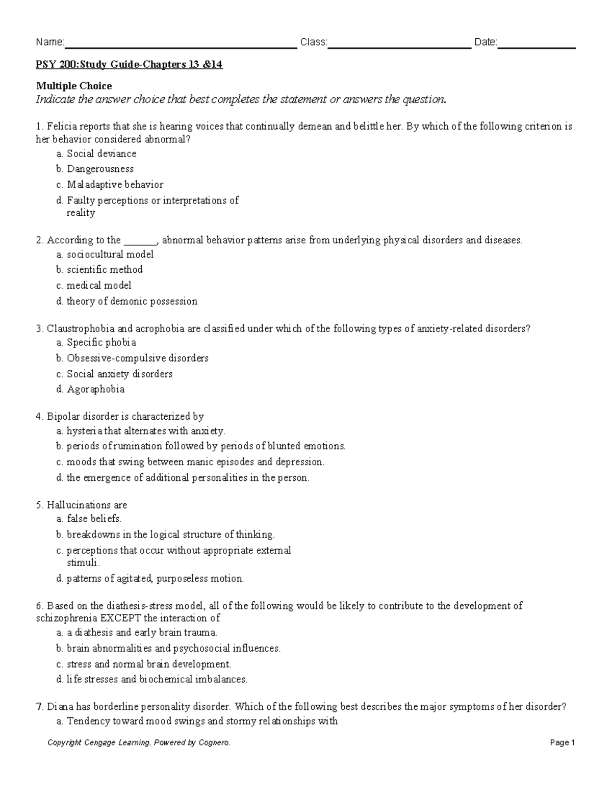 PSY 200: Study Guide - Abnormal Behavior in Chapters 13 & 14 - Studocu