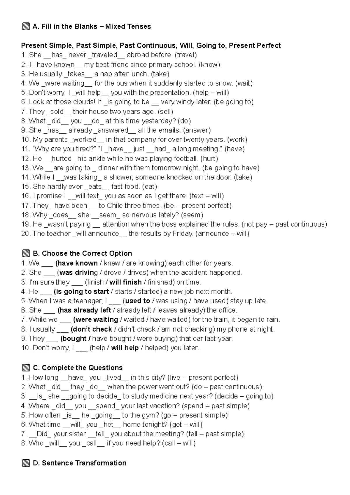 Mixed Tenses Practice: Fill in the Blanks & Error Correction - Studocu