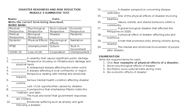 DISASTER READINESS & RISK REDUCTION M4 SUMMATIVE TEST - Studocu