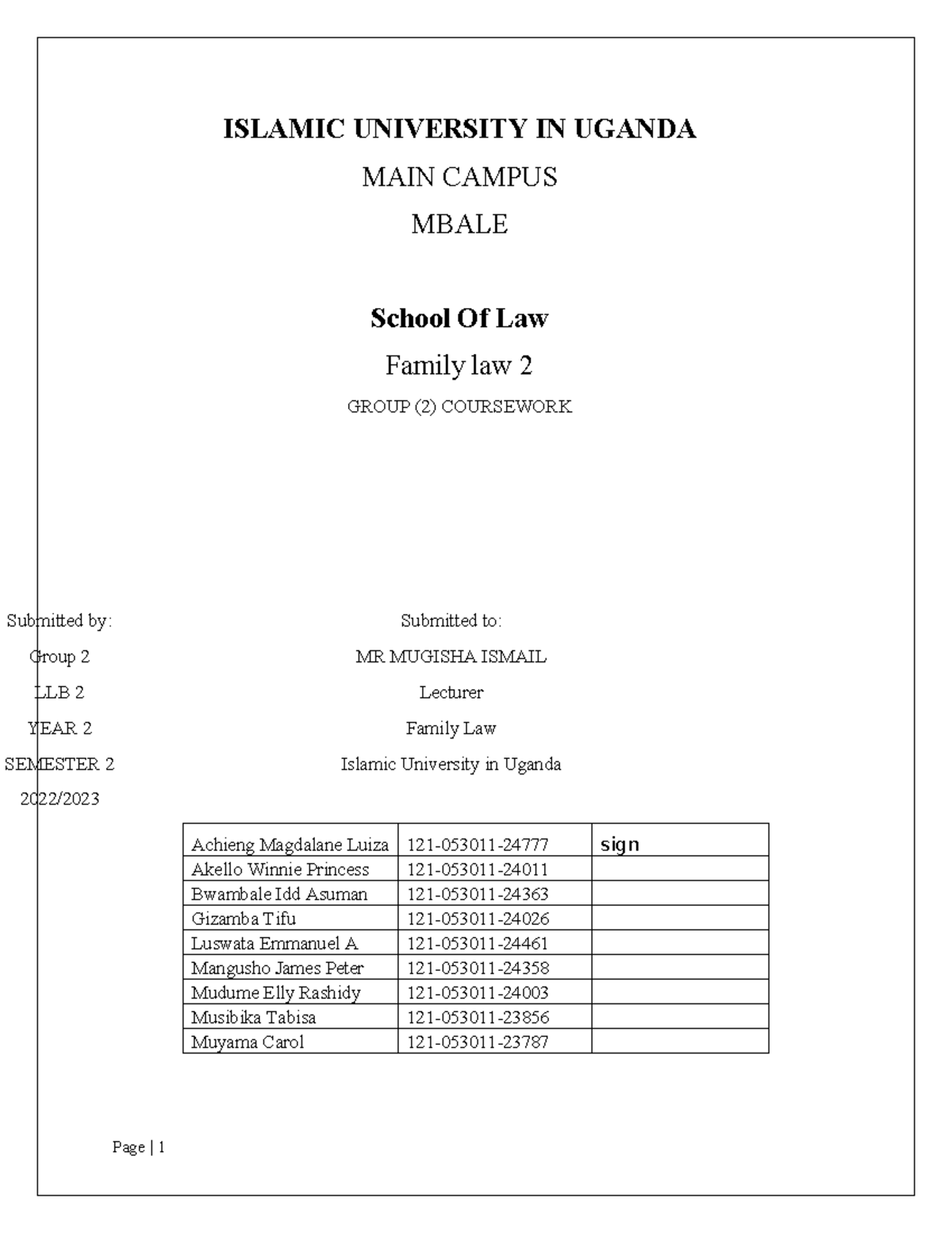 Family Law II (LLB 2, Year 2) - Group 2 Coursework on Custody Orders ...
