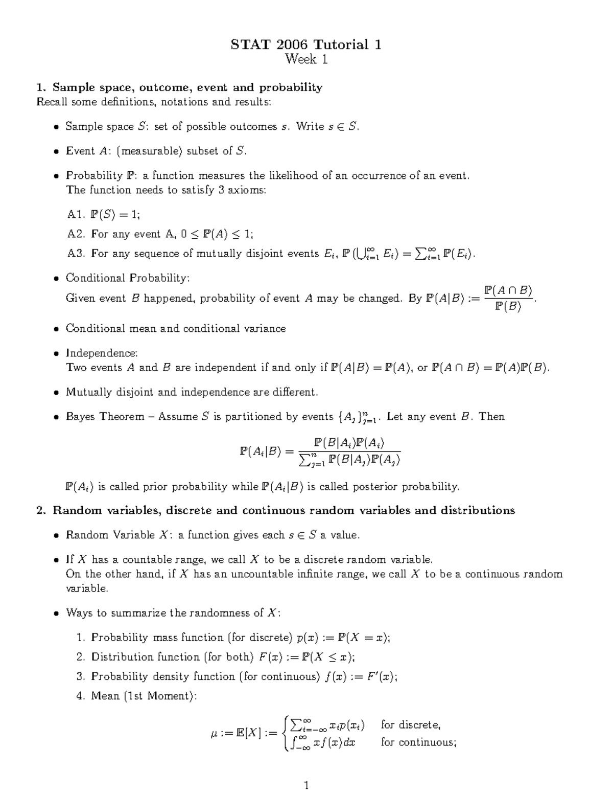 STAT 2006 Tutorial 01: Basics of Probability and Random Variables - Studocu