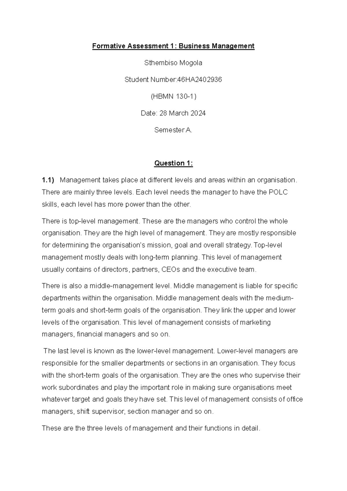 Formative Assessment 1: Business Management (HBMN 130-1) Insights - Studocu