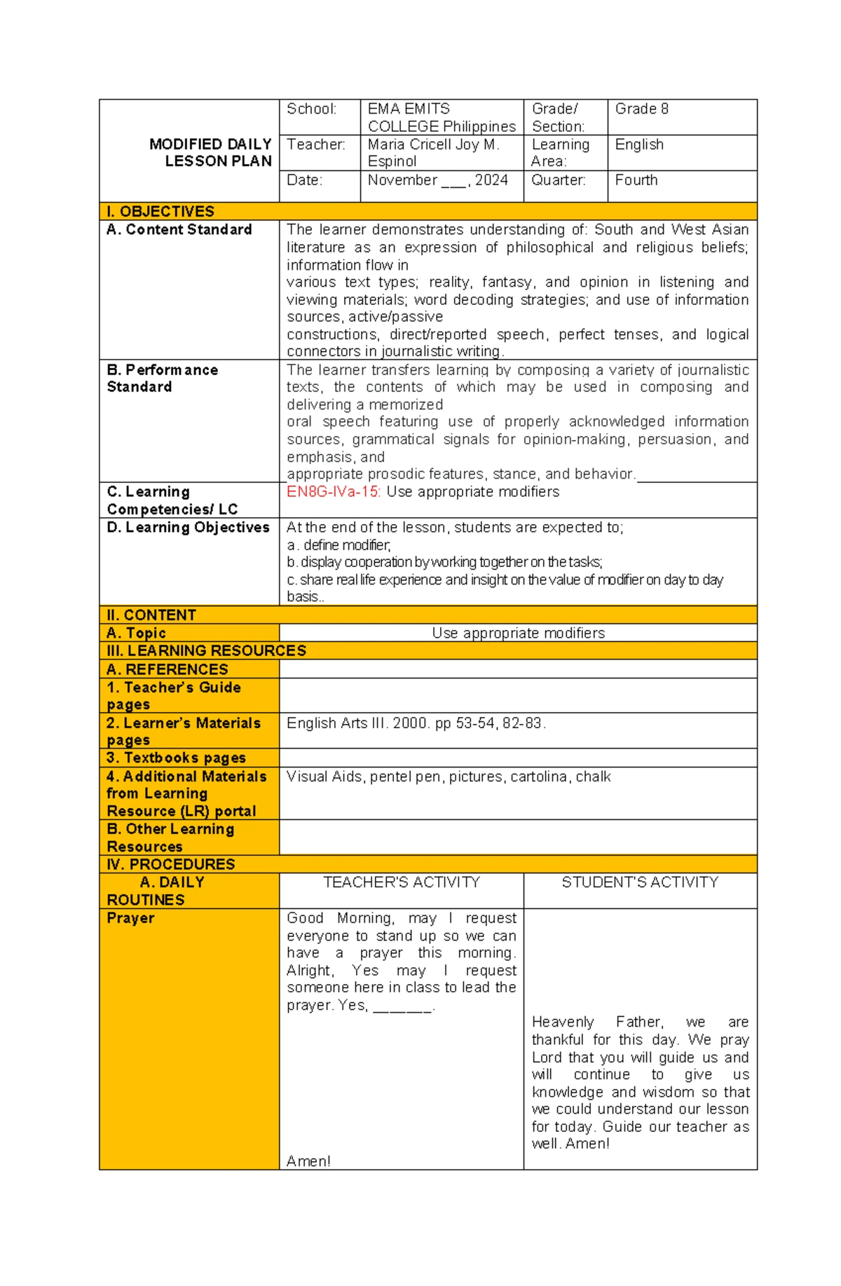 Detailed Lesson Plan for On Campus Final Demo (nov25,2024) - School ...