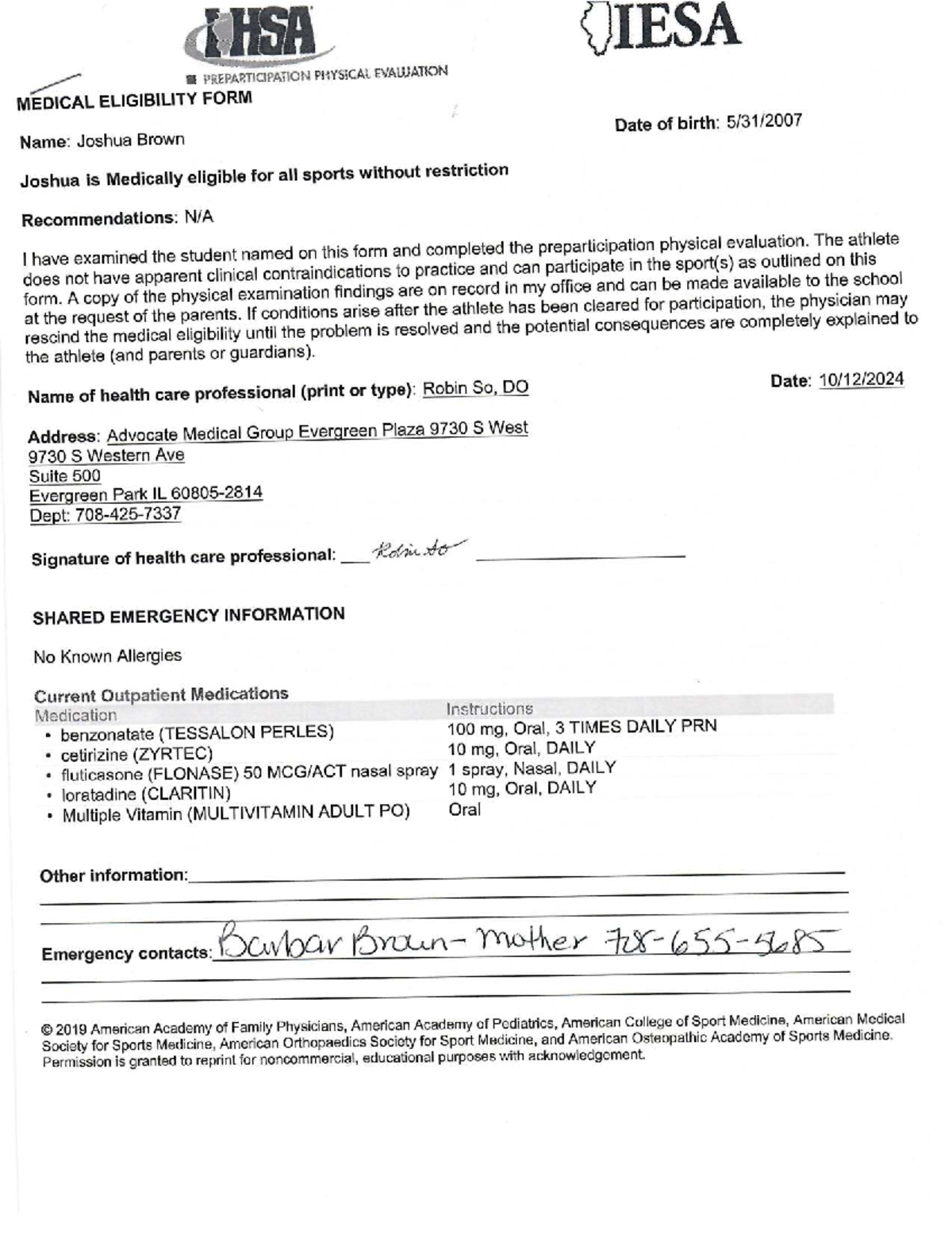 IHSA Preparticipation Physical Evaluation for Joshua Brown - Studocu
