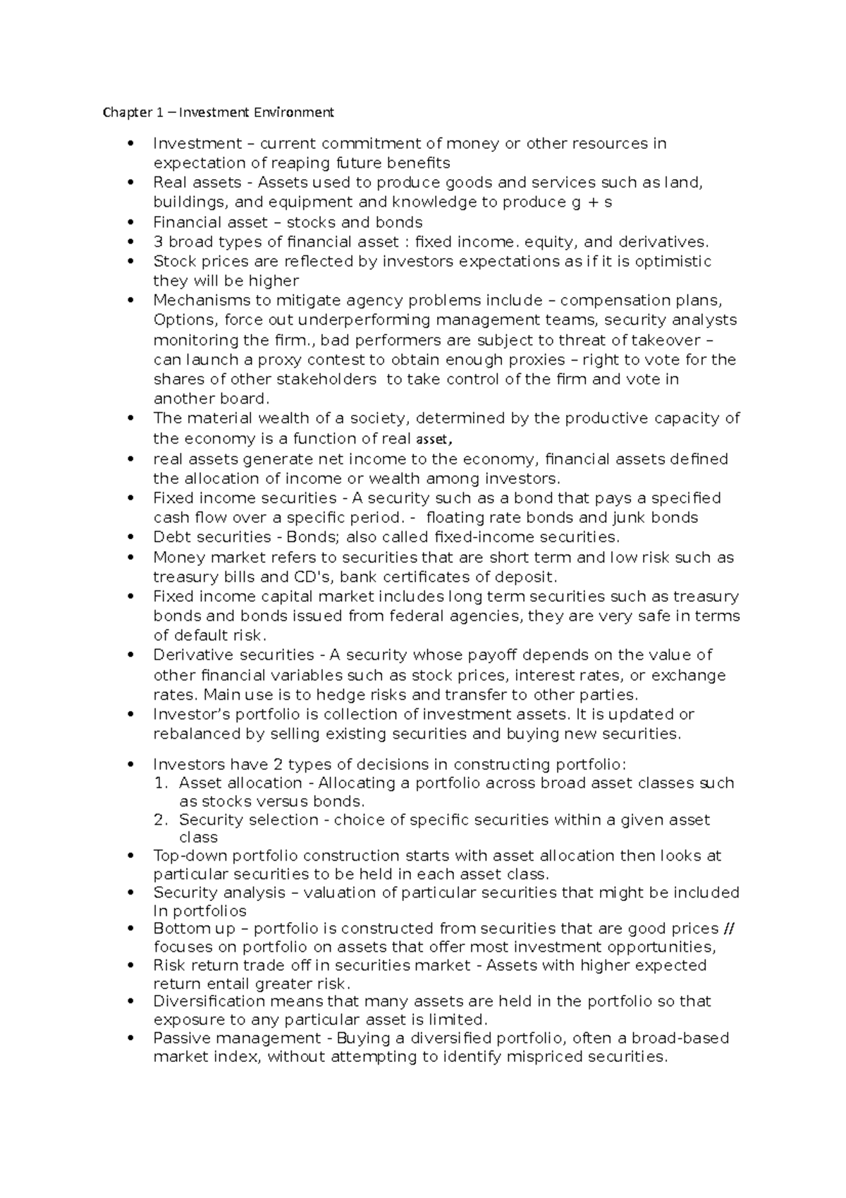 Chapter 1 - Chapter 1 – Investment Environment Investment – current ...