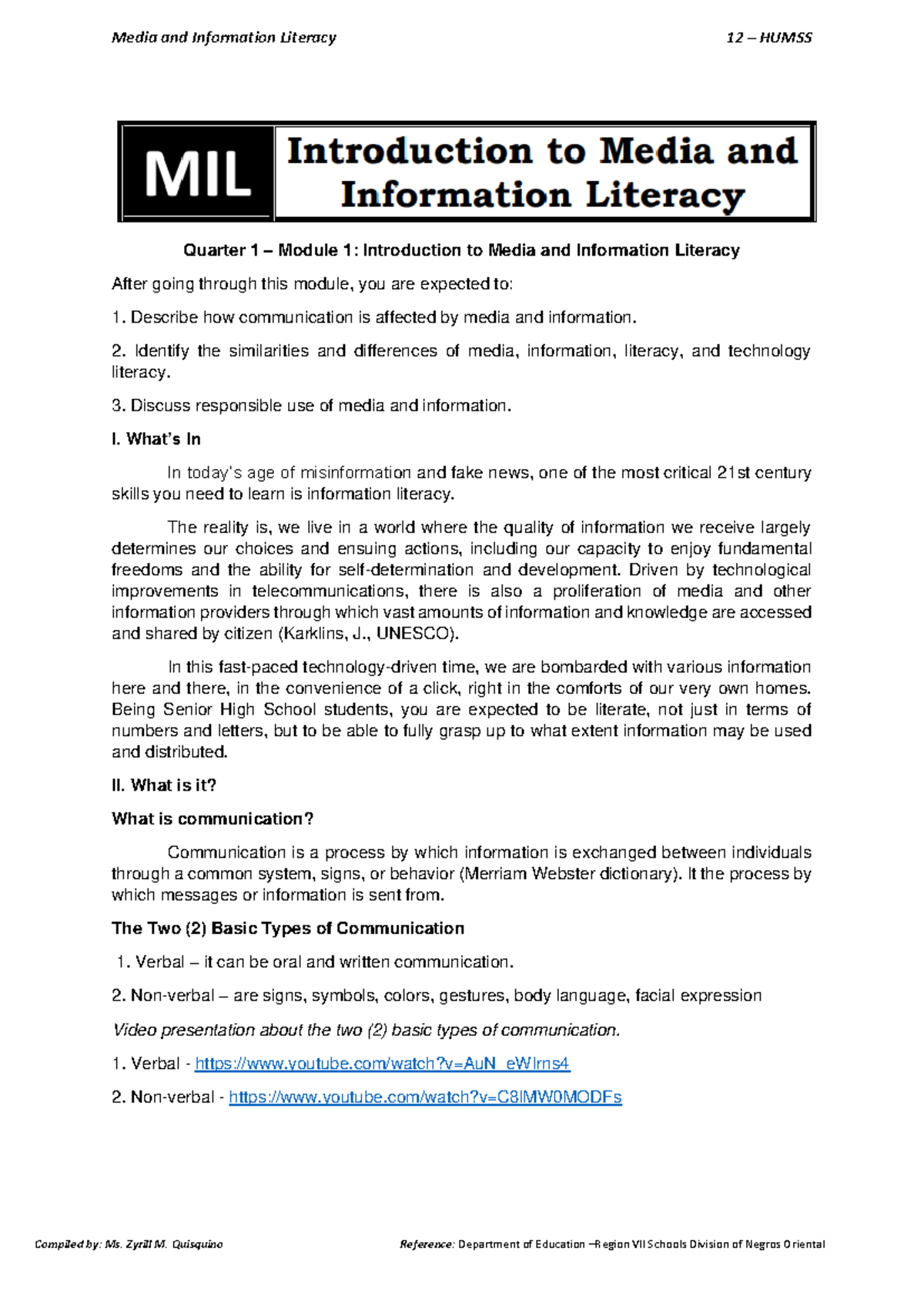MIL 12 HUMSS Quarter 1 Module 1: Intro to Media & Info Literacy - Studocu