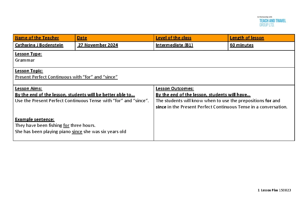 Grammar Lesson Plan: Present Perfect Continuous (B1) - Assignment 02 ...