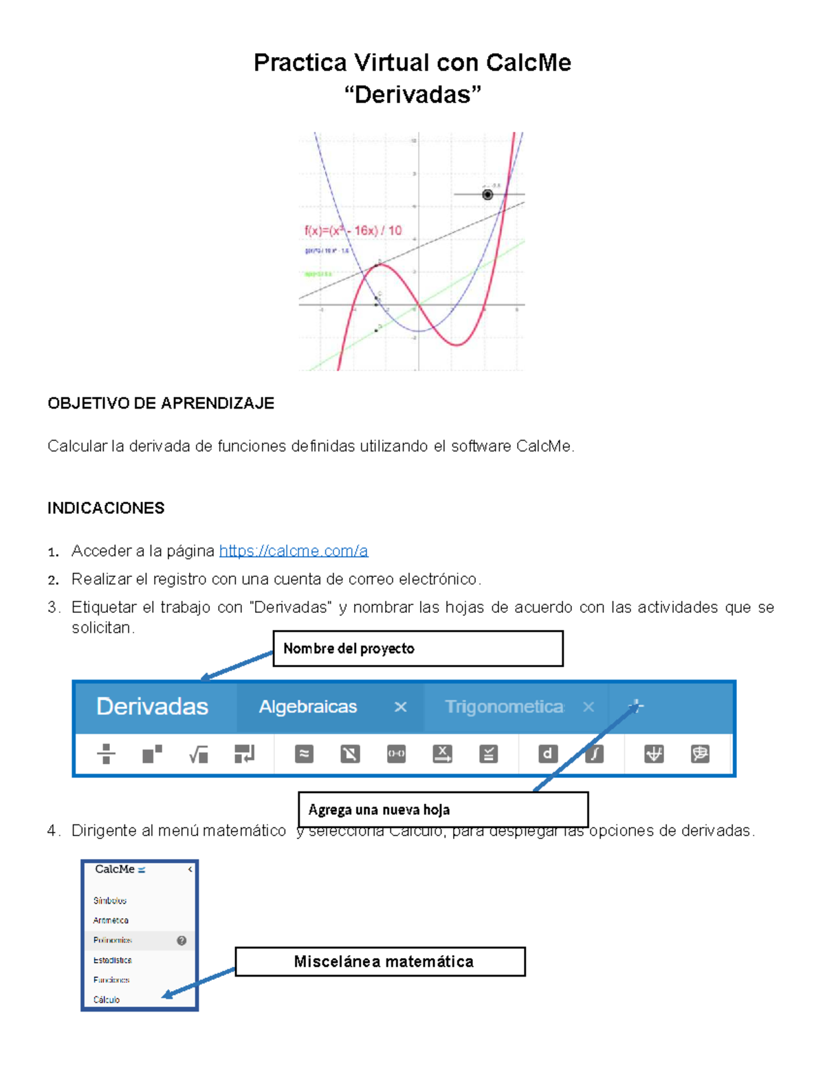 Práctica Virtual: Derivadas con CalcMe - P4 Matemáticas I - Document Preview