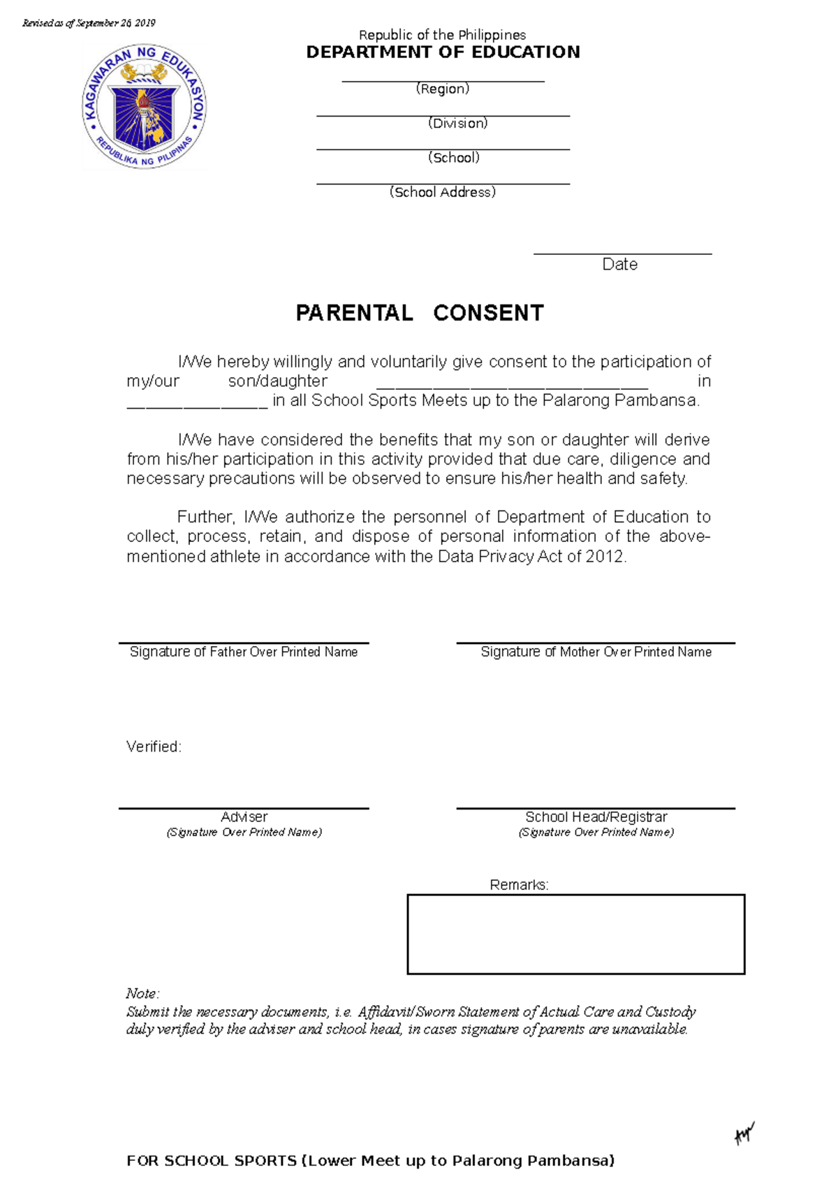 2020 Parents Consent revised 2 - Republic of the Philippines DEPARTMENT ...