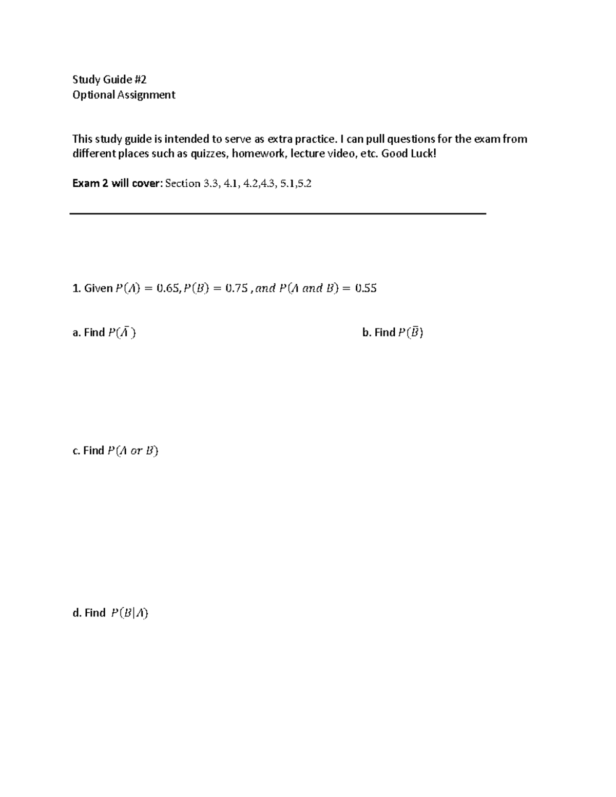 Exam 2 Study Guide (MATH 101) - Winter 2025 - Studocu