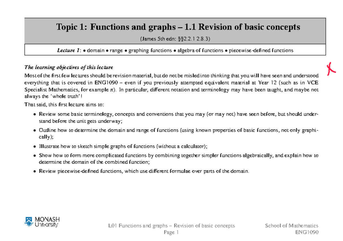 ENG1090 Lecture 1: Functions and Graphs - Basic Concepts Revision - Studocu