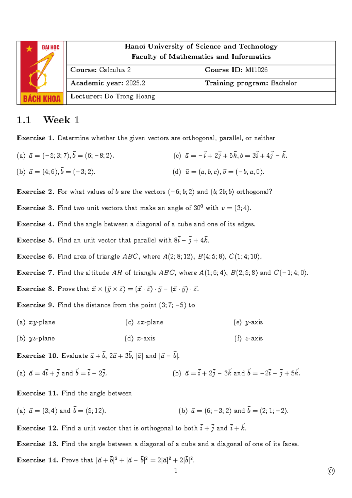 MI1026 Calculus 2 Exercises - Academic Year 2025.2 - Studocu