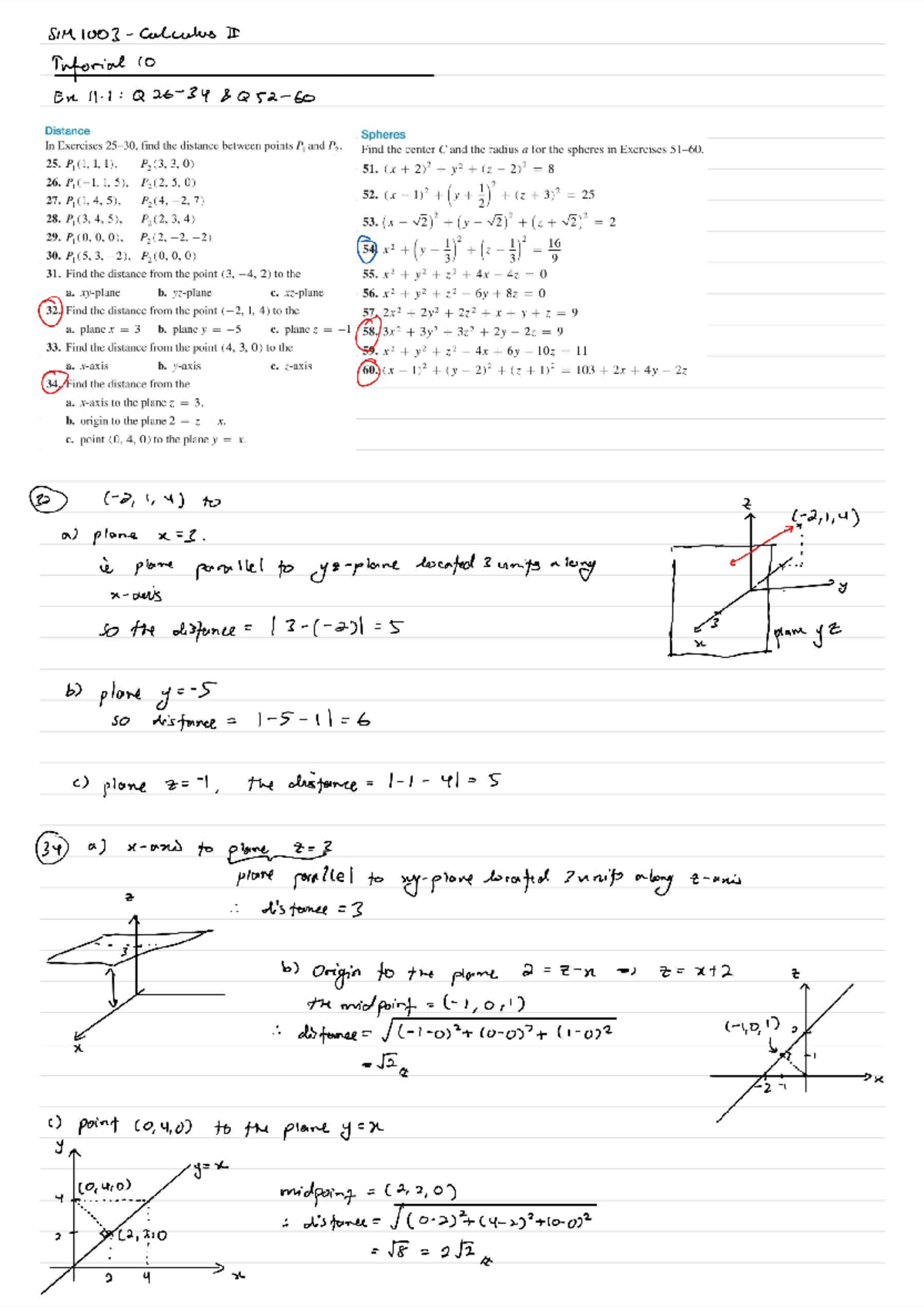 Calculus II - Tutorial 10: Distance and Sphere Exercises - Studocu