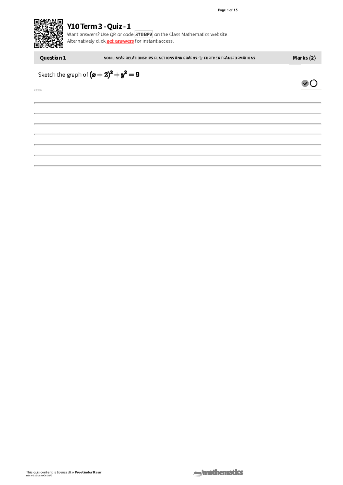 Y10 Term 3 Mathematics Quiz 1: Non-Linear Functions & Graphs - Studocu