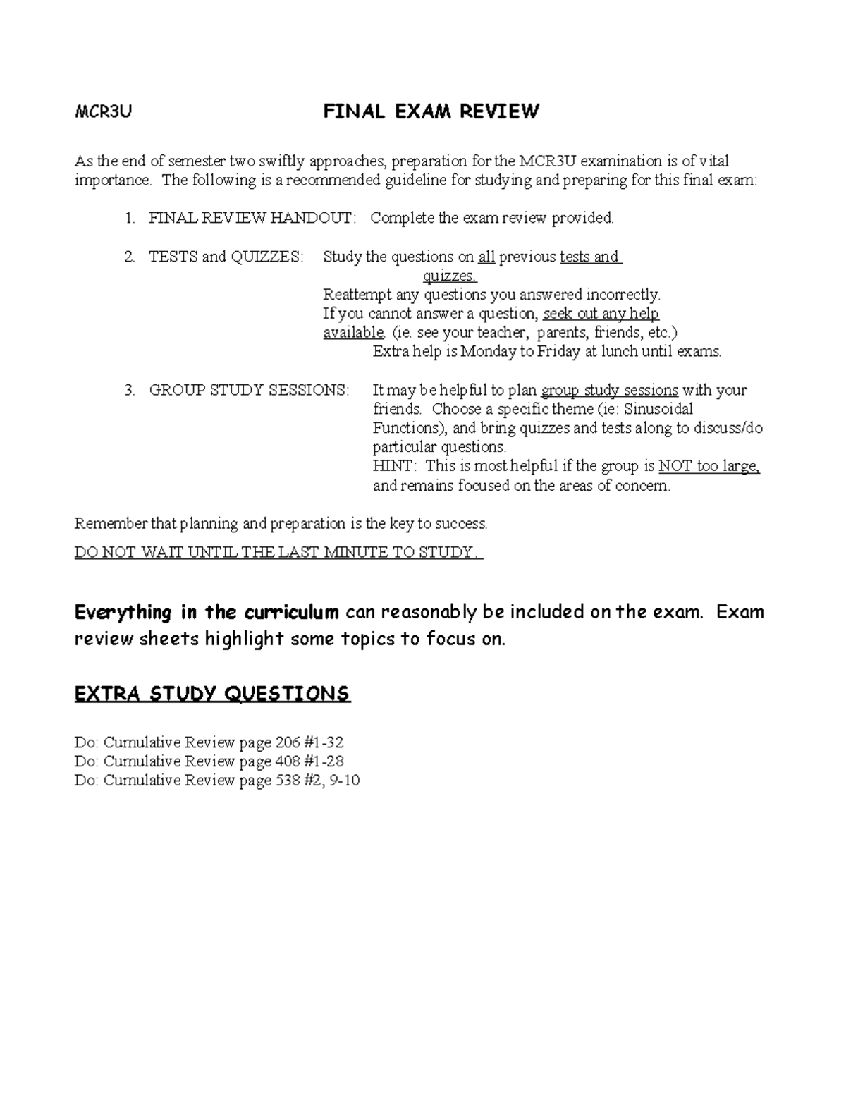 MCR3U FINAL EXAM REVIEW: Comprehensive Study Guide for All Units - Studocu