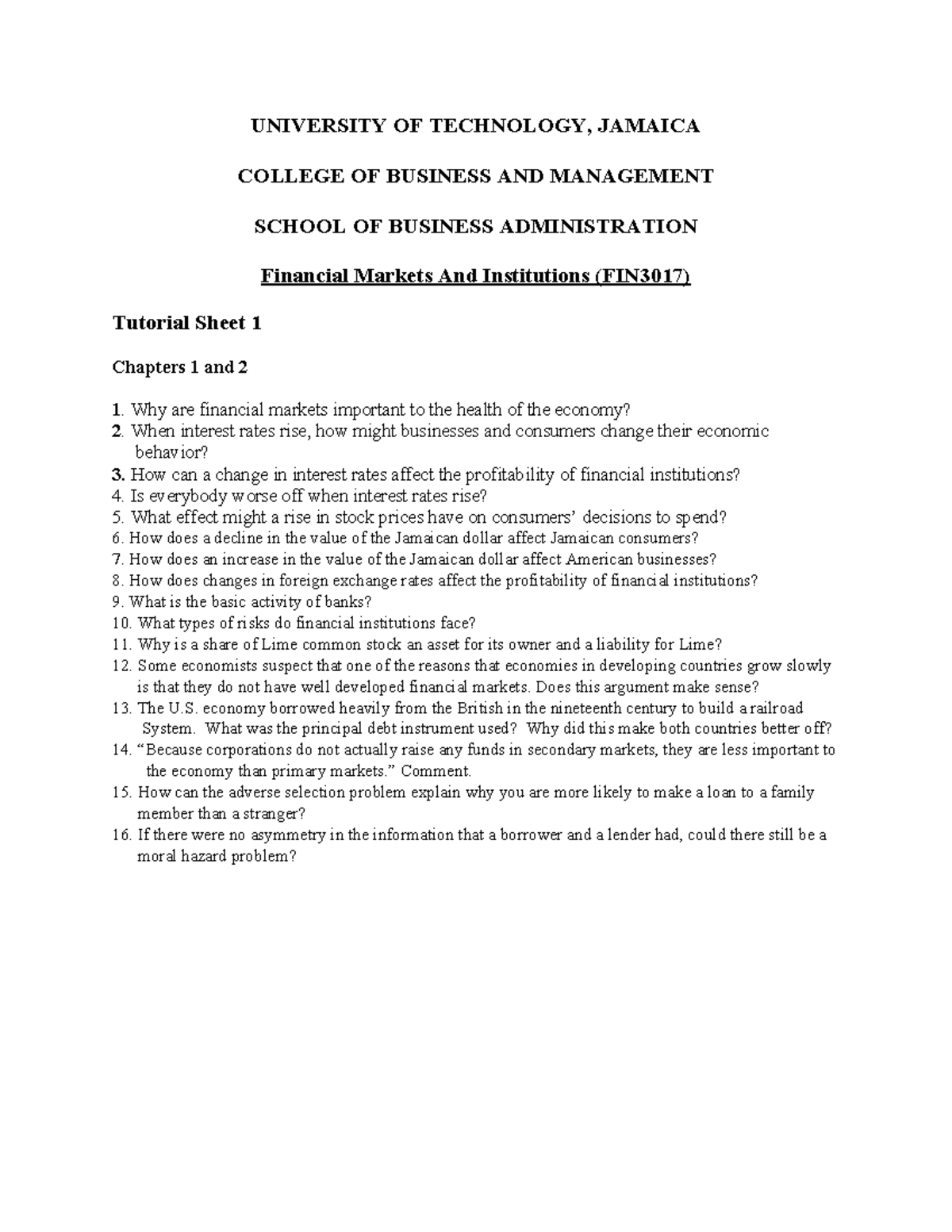 FIN3017 Financial Markets & Institutions Tutorial Sheet 1: Key ...