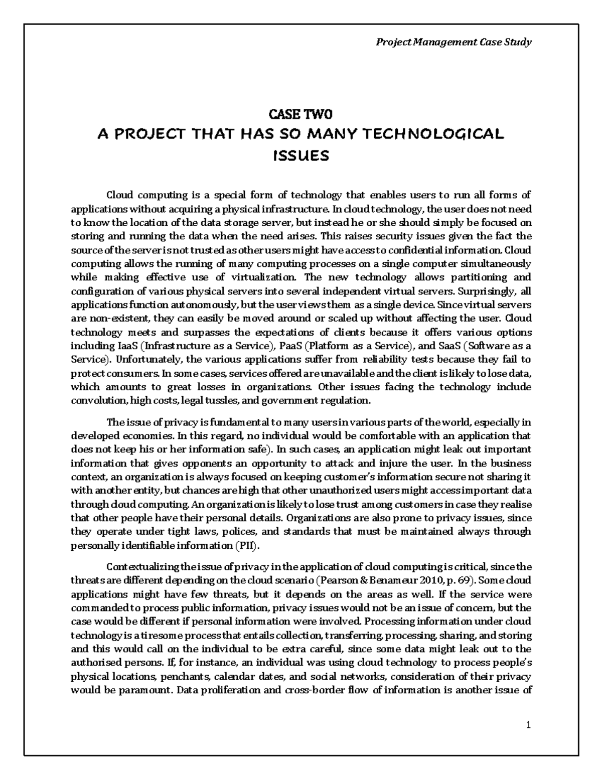 Project Management Case Study: Technological Issues in Cloud Computing ...