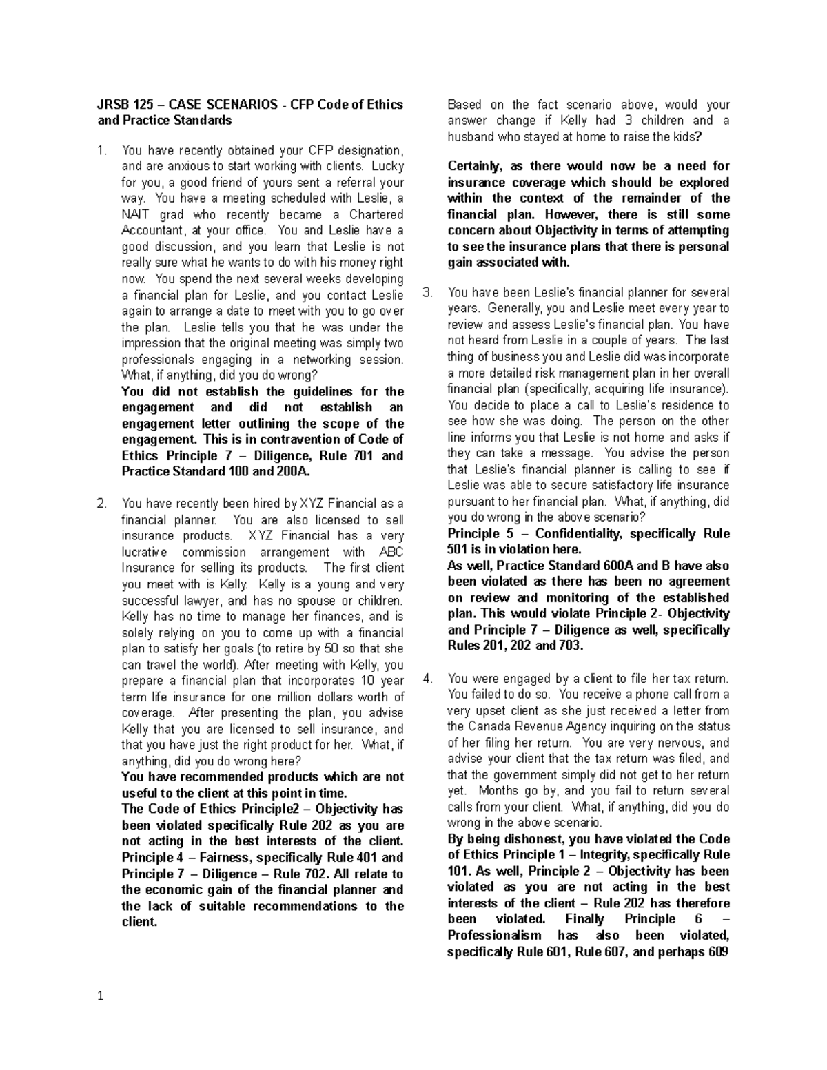 JRSB 125 - CASE SCENARIOS: CFP Code of Ethics Review and Analysis - Studocu